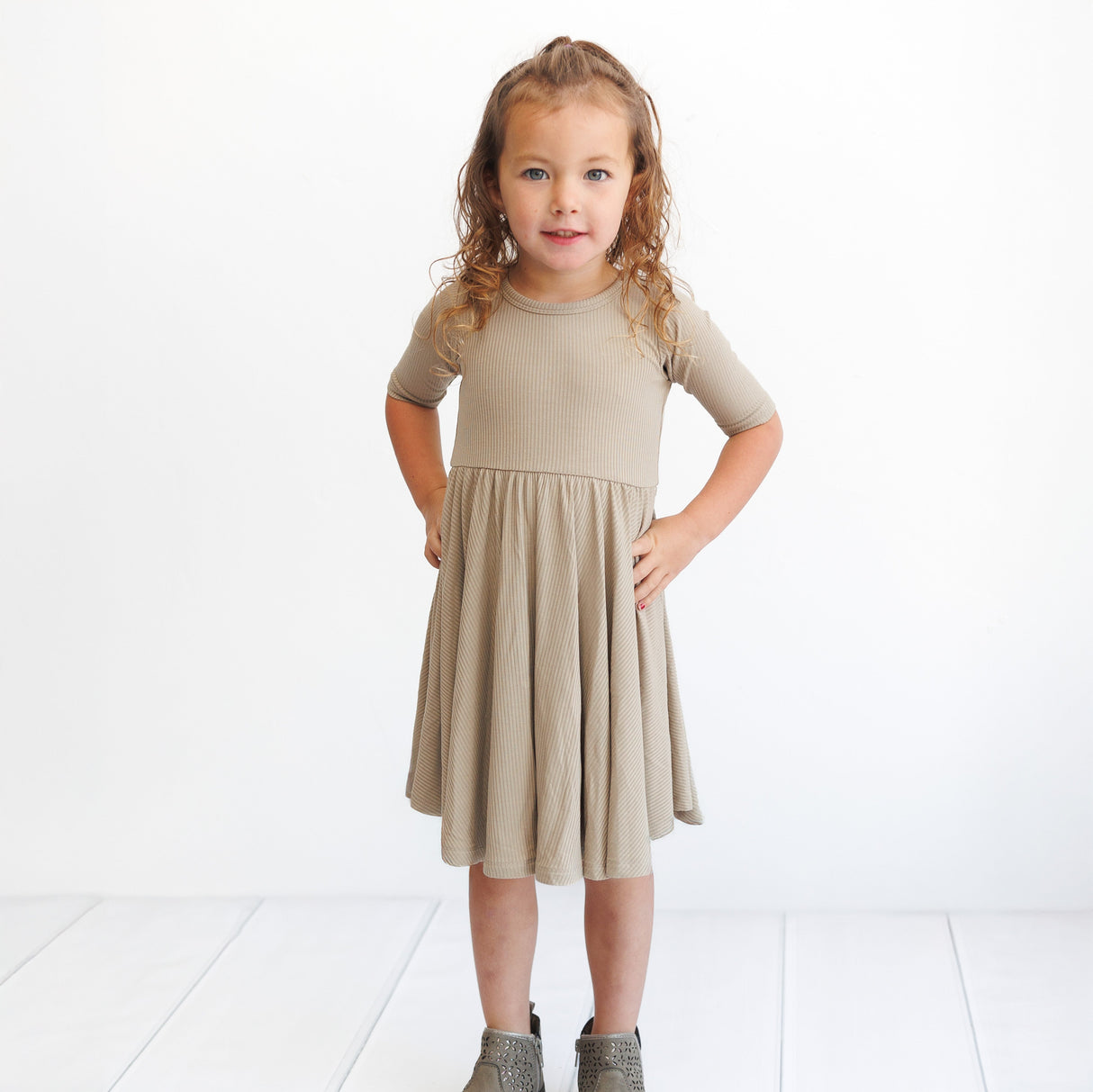 MID SLEEVE TWIRL DRESS- Mushroom Ribbed - HoneyBug 