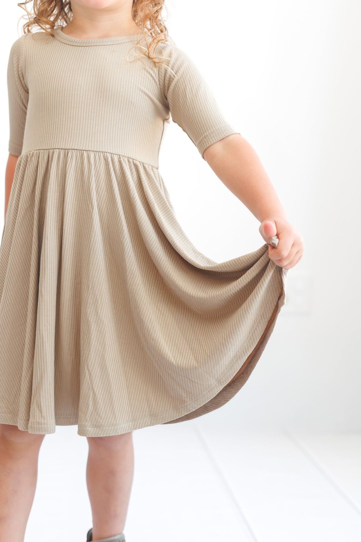 MID SLEEVE TWIRL DRESS- Mushroom Ribbed - HoneyBug 