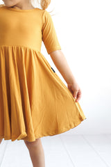 MID SLEEVE TWIRL DRESS- Honey Mustard Ribbed - HoneyBug 