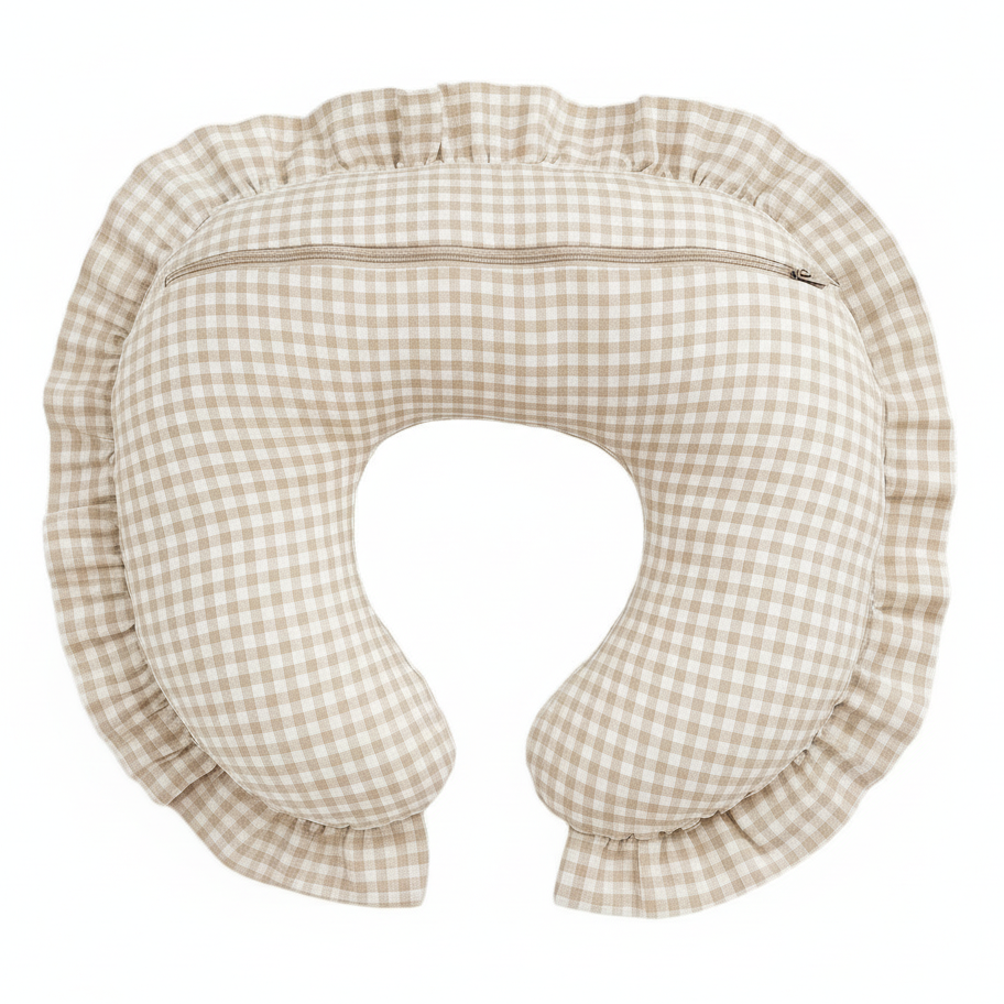 Beige Gingham Ruffle Nursing Pillow Cover
