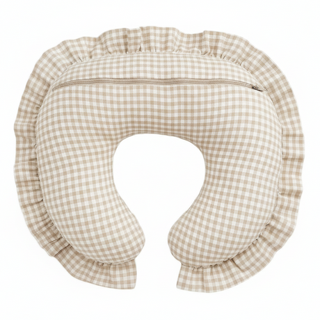 Beige Gingham Ruffle Nursing Pillow Cover