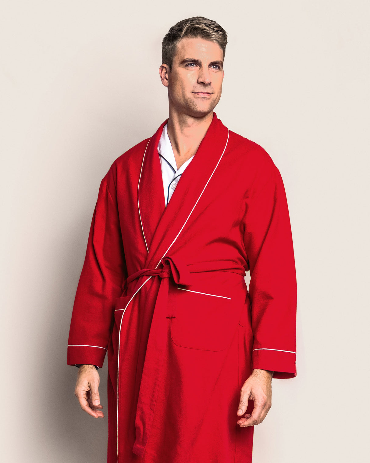 Men's Flannel Robe in Red with White Piping - HoneyBug 