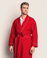Men's Flannel Robe in Red with White Piping - HoneyBug 