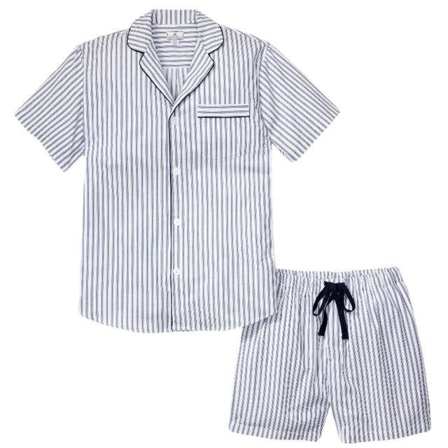 Men's Twill Pajama Short Set in Navy French Ticking - HoneyBug 