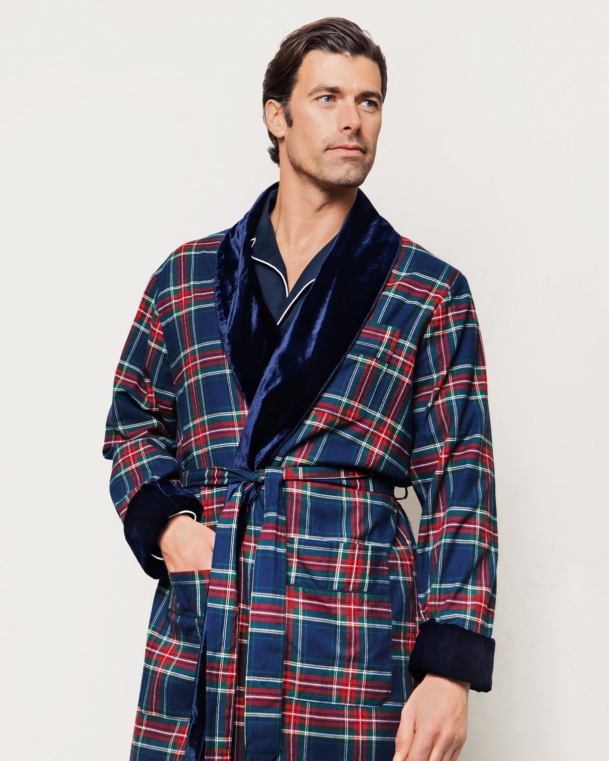 Men's Brushed Twill Velvet Trim Robe in Windsor Tartan - HoneyBug 