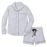 Women's Twill Pajama Long Sleeve Short Set in Navy French Ticking