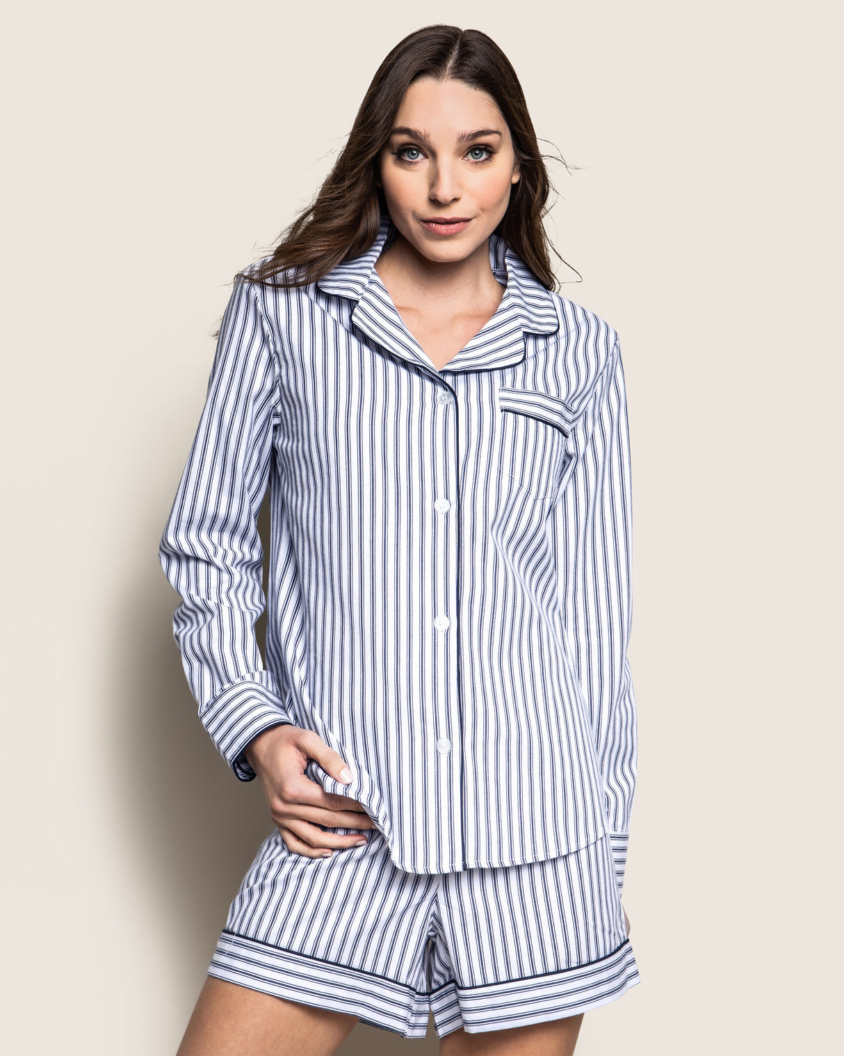 Women's Twill Pajama Long Sleeve Short Set in Navy French Ticking