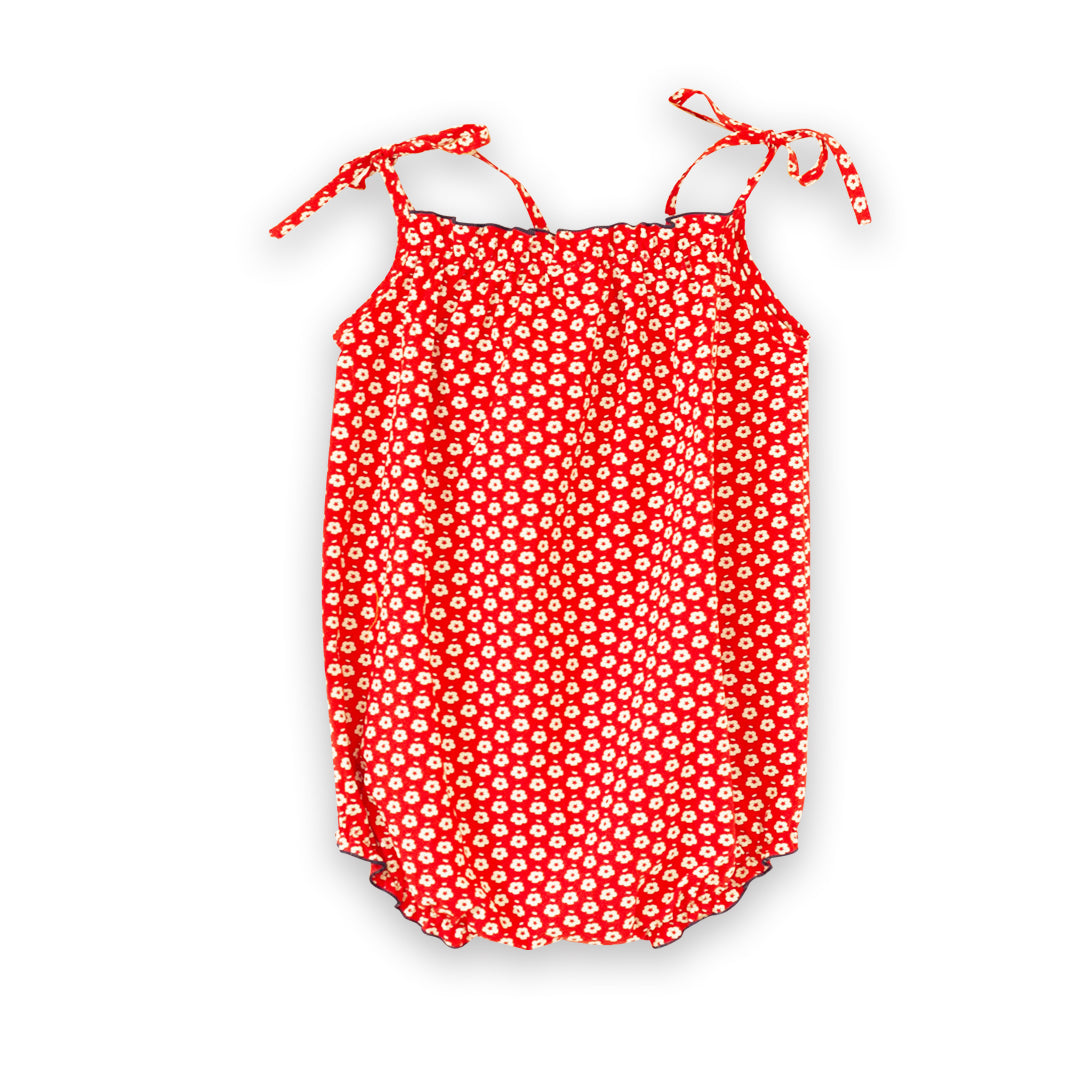 Baby Romper with Smocked Neck | Flowers in Brilliant Red - HoneyBug 