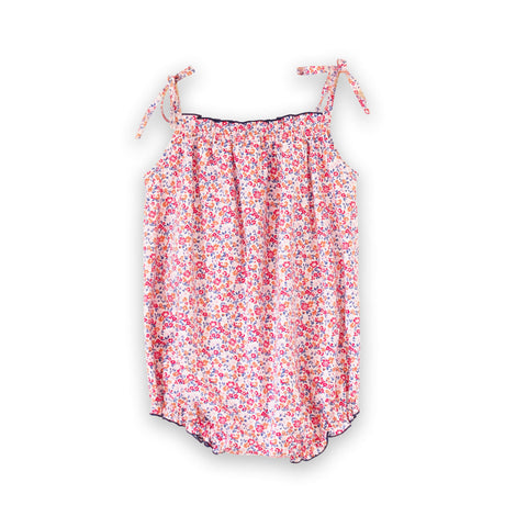 Baby Romper with Smocked Neck | Red and Blue Floral - HoneyBug 