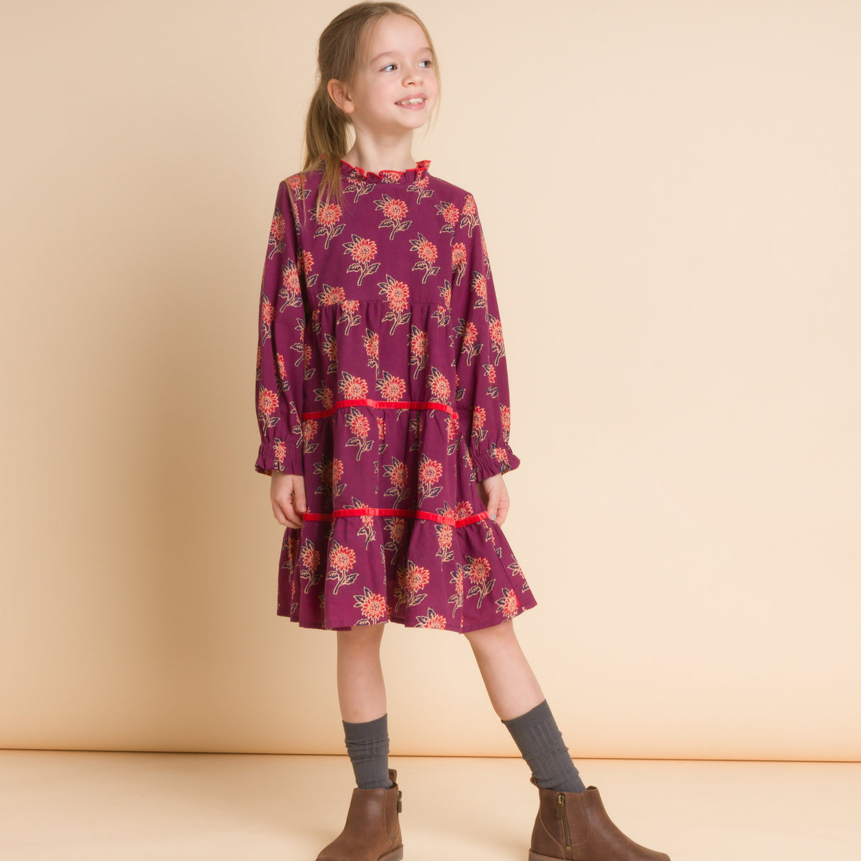 Girls' Long Sleeves Tiered Skirt Dress with Velvet Trim | Purple and Red - HoneyBug 