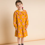 Girls' Wide Collar Long Sleeve Dress with Low Waist | Mustard and Pink - HoneyBug 
