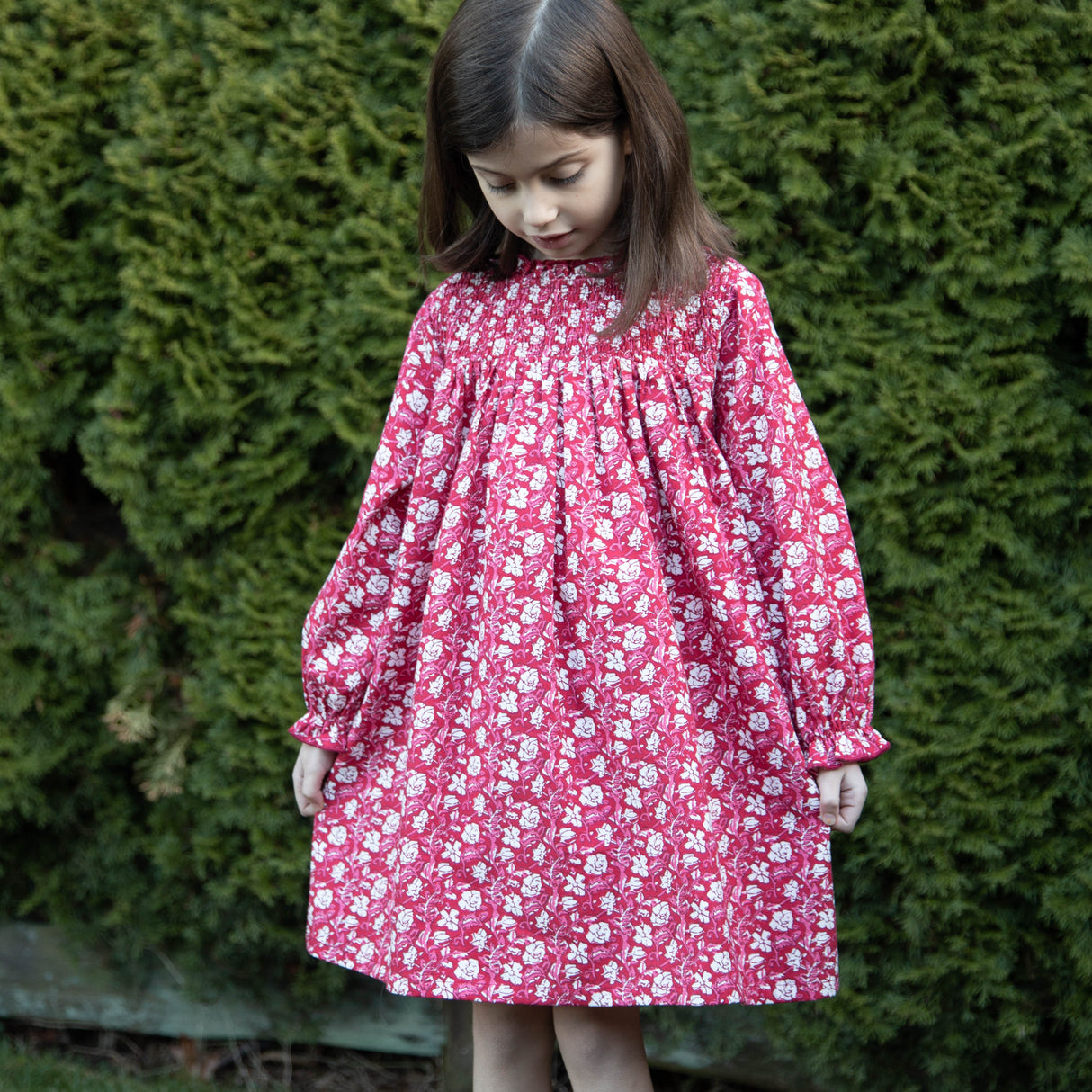Girls' Smocked Long Sleeves Dress | Red and White Floral - HoneyBug 