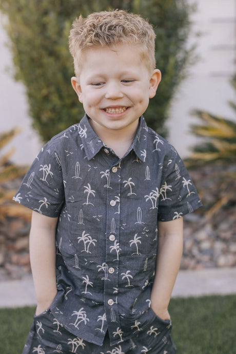 Navy Surfer Linen Button Up Shirt - HoneyBug 