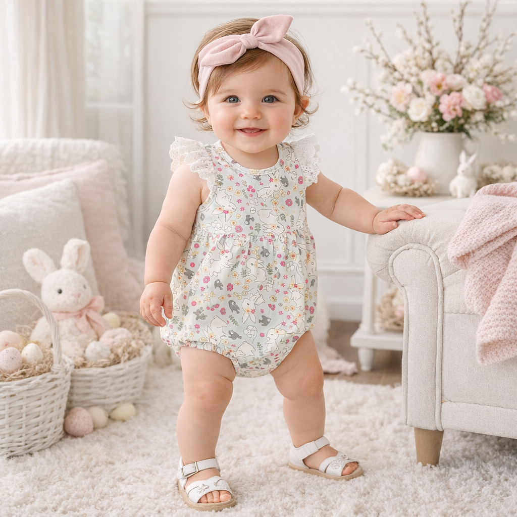 Bunny Garden Baby Romper – Flutter Sleeve One-Piece