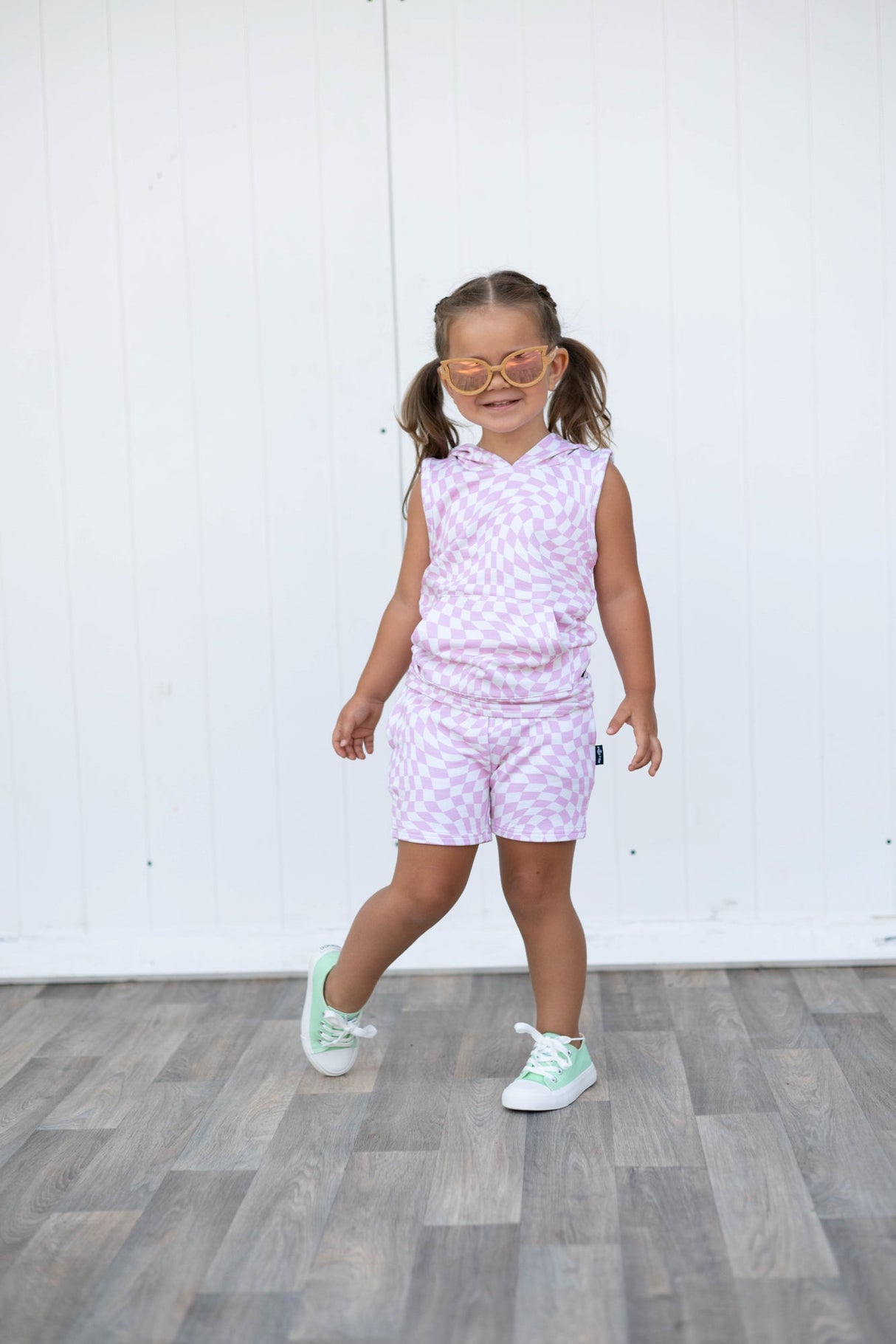 BAMBOO HOODIE TANK- Pink Dizzy Check - HoneyBug 