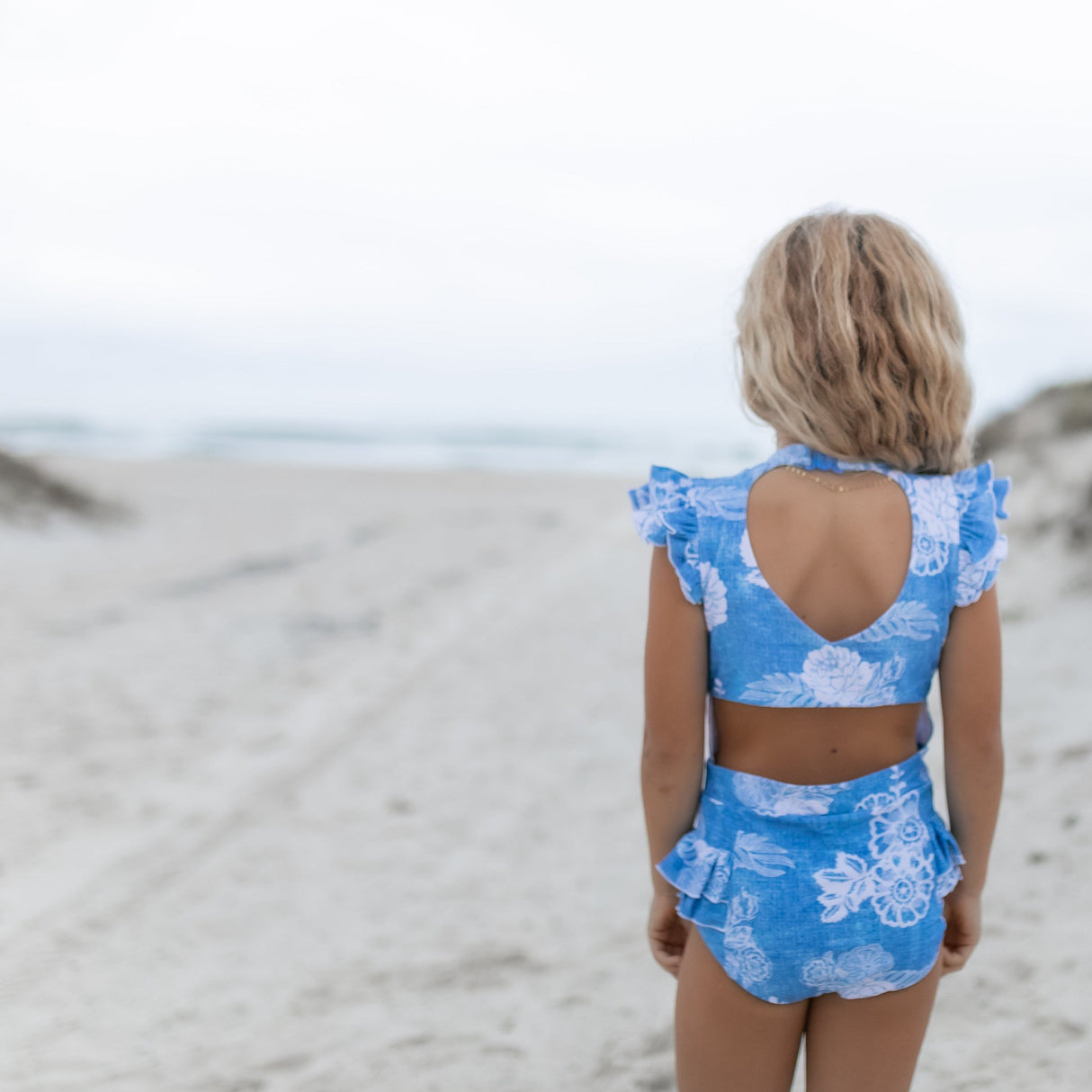 Grace Denim Floral Open Back One Piece Swimsuit - HoneyBug 