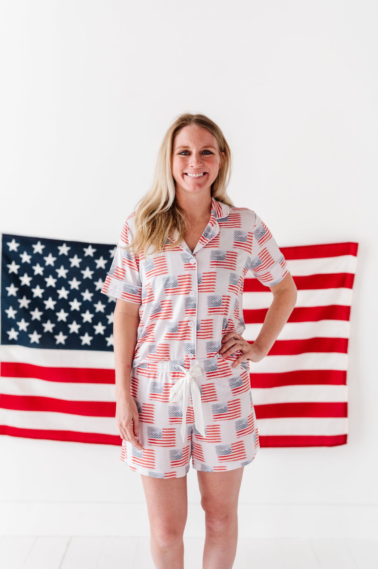 American Flag Women’s Button Down Short Set - HoneyBug 