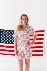American Flag Women’s Button Down Short Set - HoneyBug 