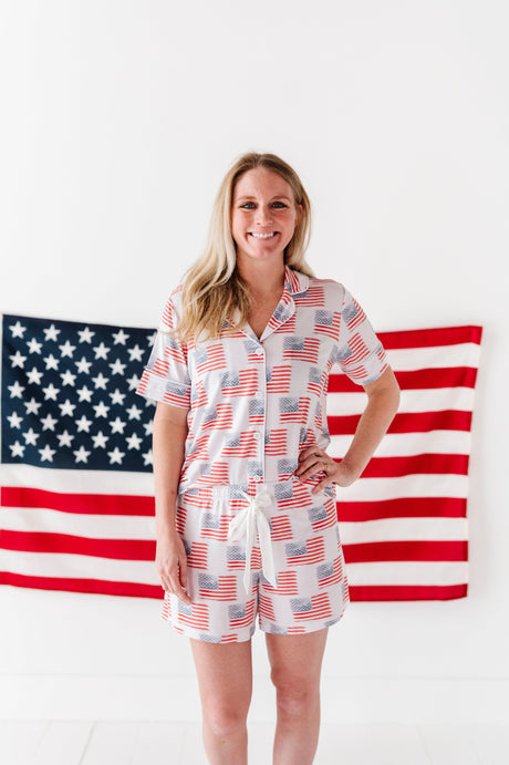 American Flag Women’s Button Down Short Set - HoneyBug 