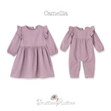 Mauve Eyelet Girls Romper – Embroidered Cotton Ruffle Sleeve - HoneyBug 