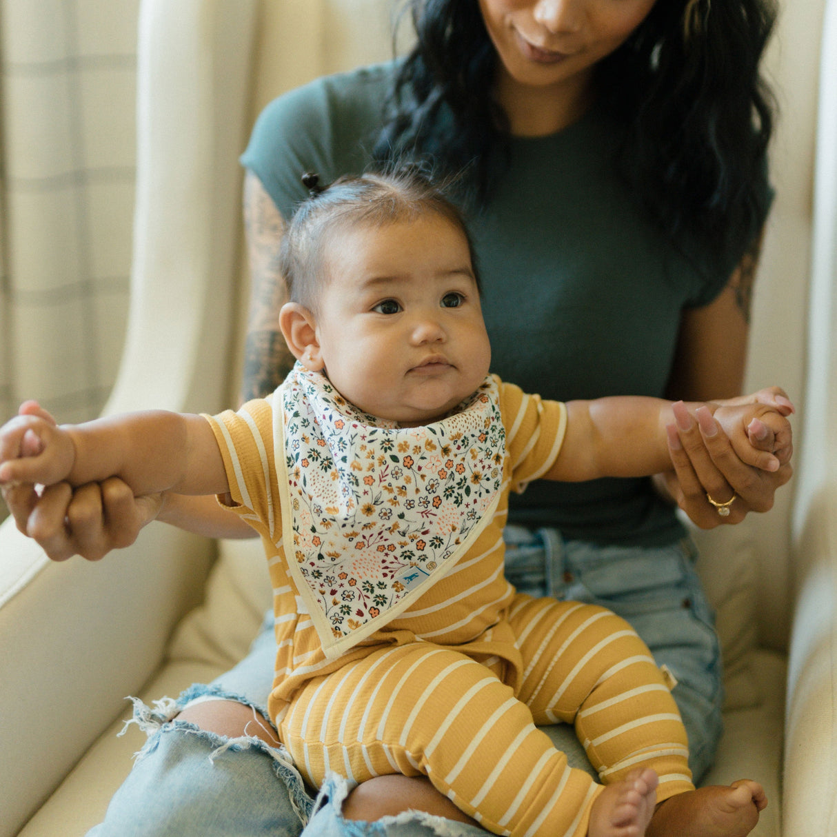 Cotton Muslin + Fleece Bandana Bib 4 Pack - Pressed Petals - HoneyBug 