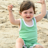 100% Peruvian Pima Cotton Grass Green with White Sleeveles Summer Romper - HoneyBug 