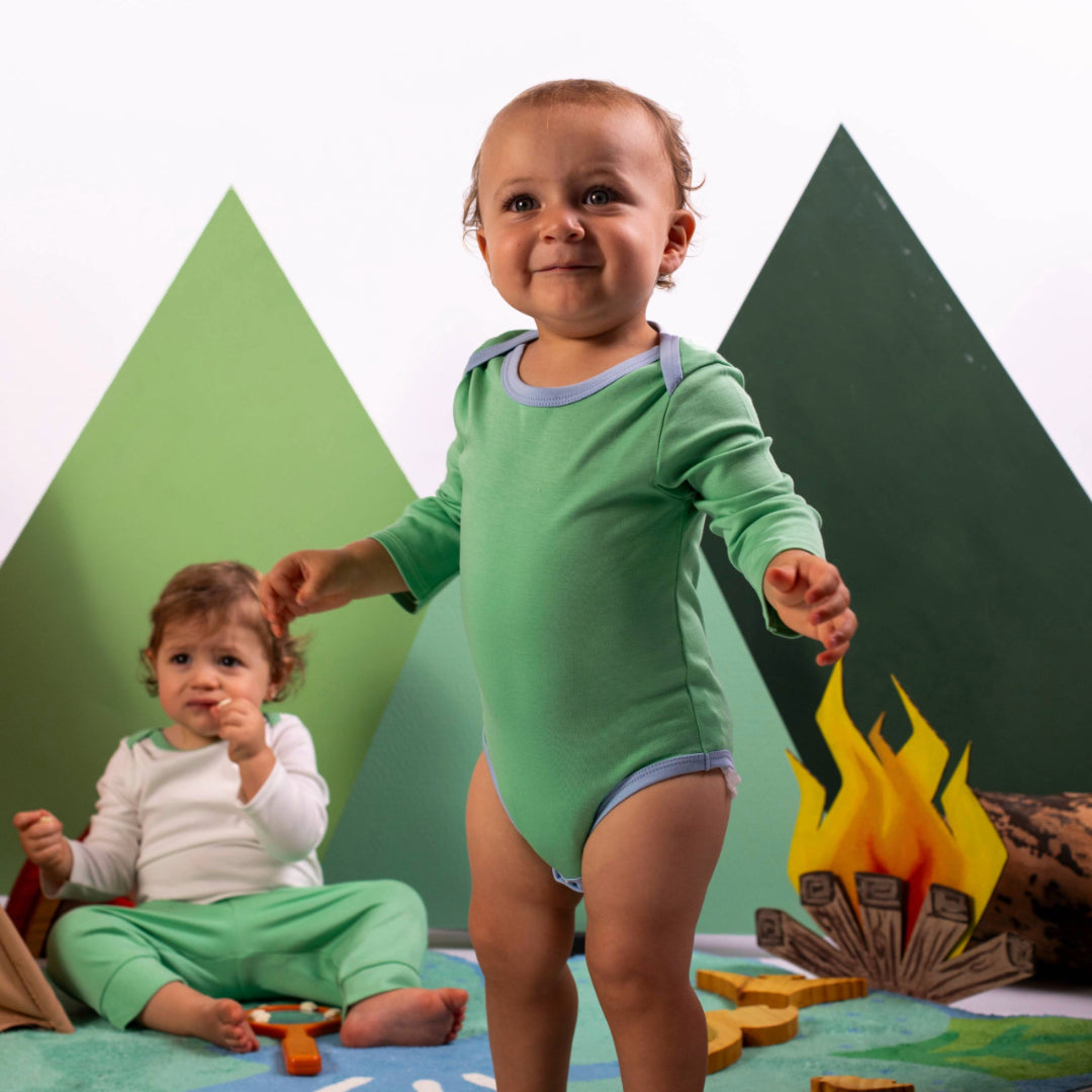 100% Peruvian Pima Cotton Grass Green with Blue Long Sleeve Snap Bodysuit - HoneyBug 
