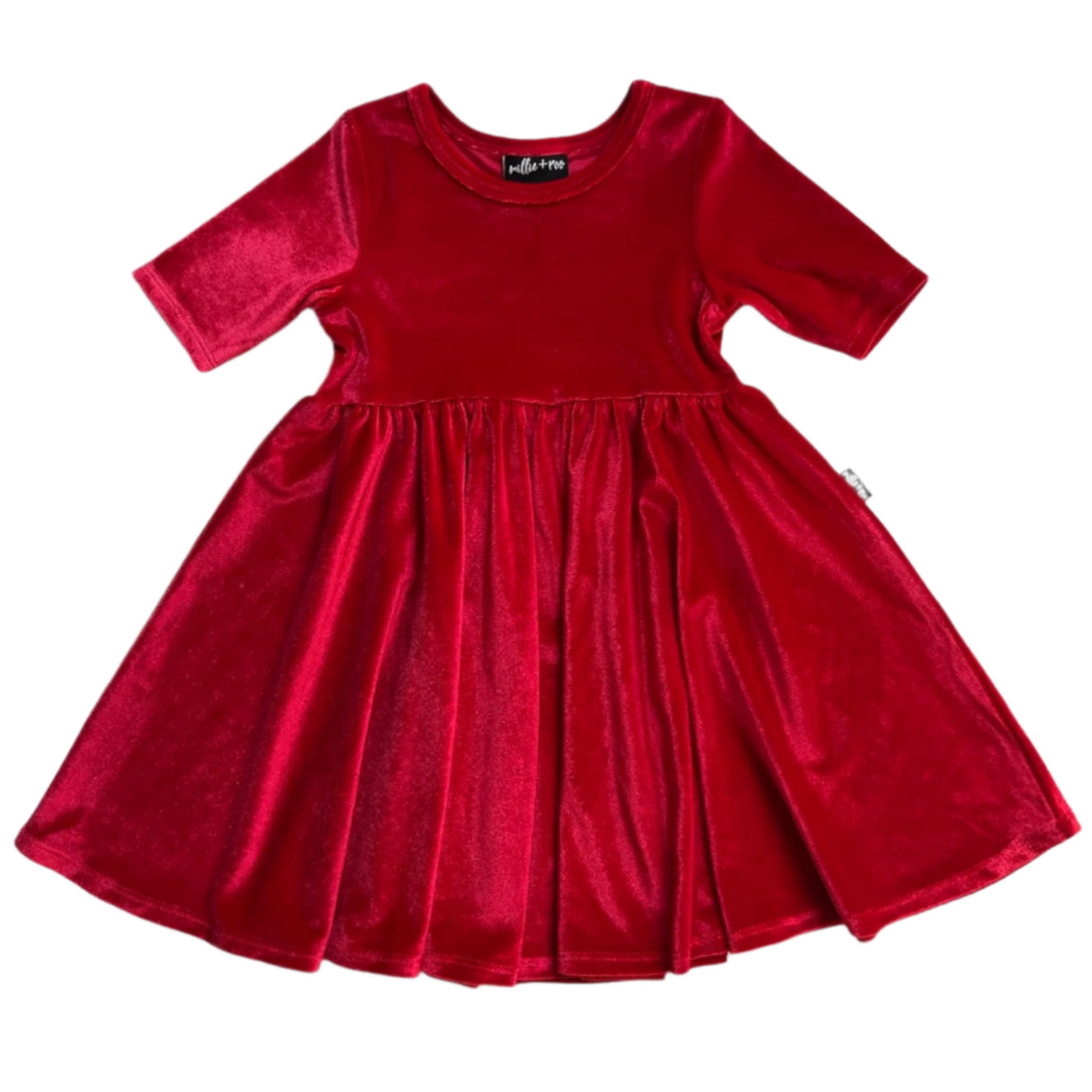 VELVET MID SLEEVE TWIRL- Ruby Red Stretch Velvet Twirl Dress - HoneyBug 