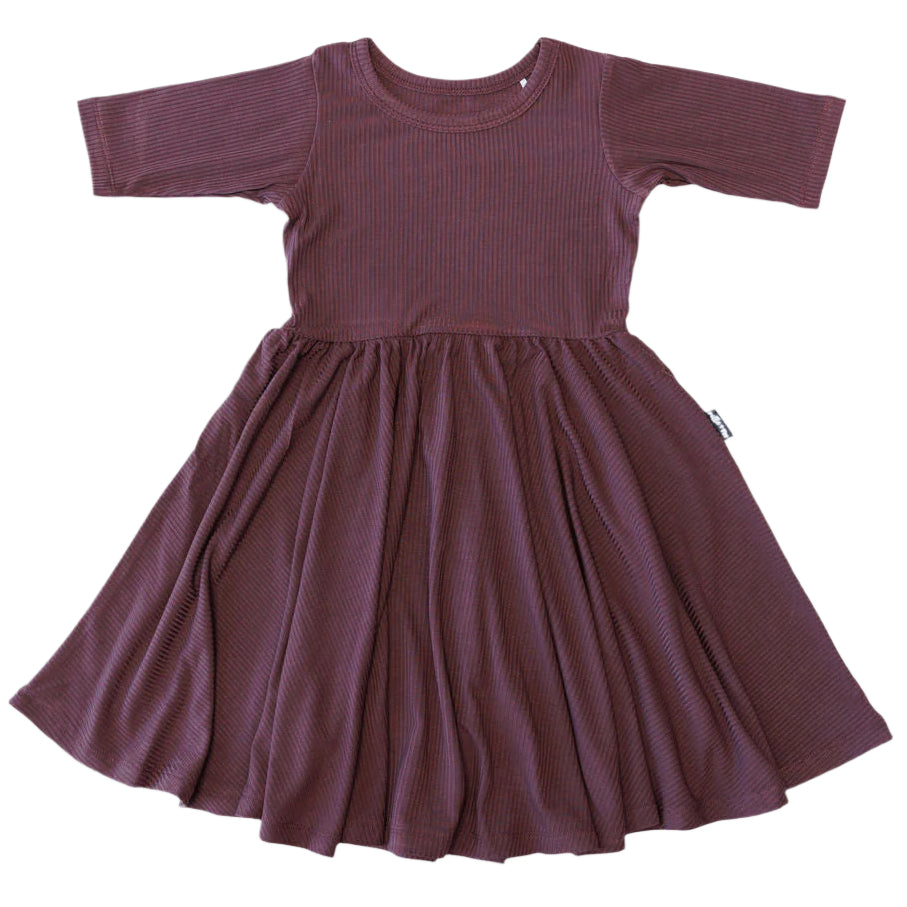 MID SLEEVE TWIRL DRESS- Black Cherry Ribbed - HoneyBug 