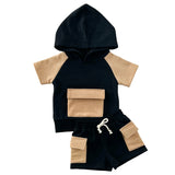 Terry Cargo Shorts Set | Black & Tan - HoneyBug 