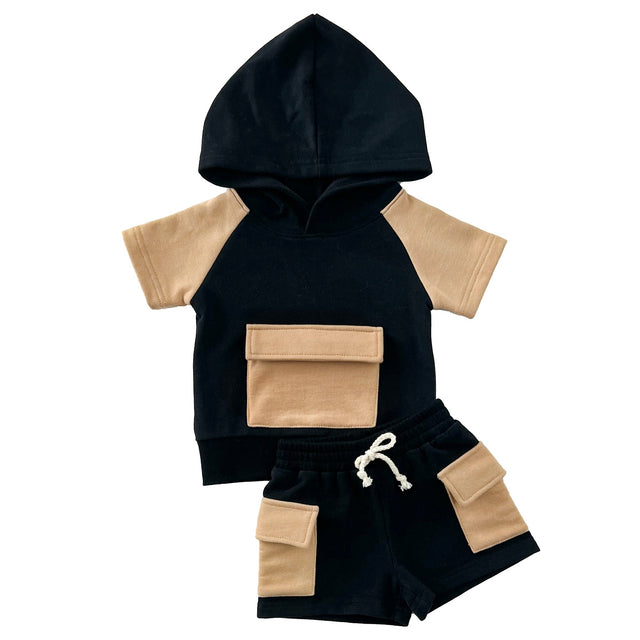 Terry Cargo Shorts Set | Black & Tan - HoneyBug 