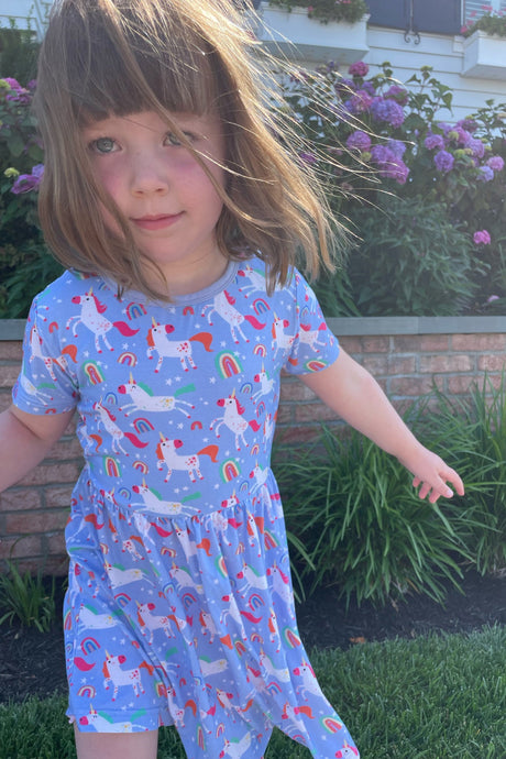 Stretchy Short Sleeve Twirl Dress - Unicorns - HoneyBug 