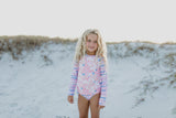 Elsie Pink Blue Abstract Long Sleeve Rash Guard Swimsuit - HoneyBug 