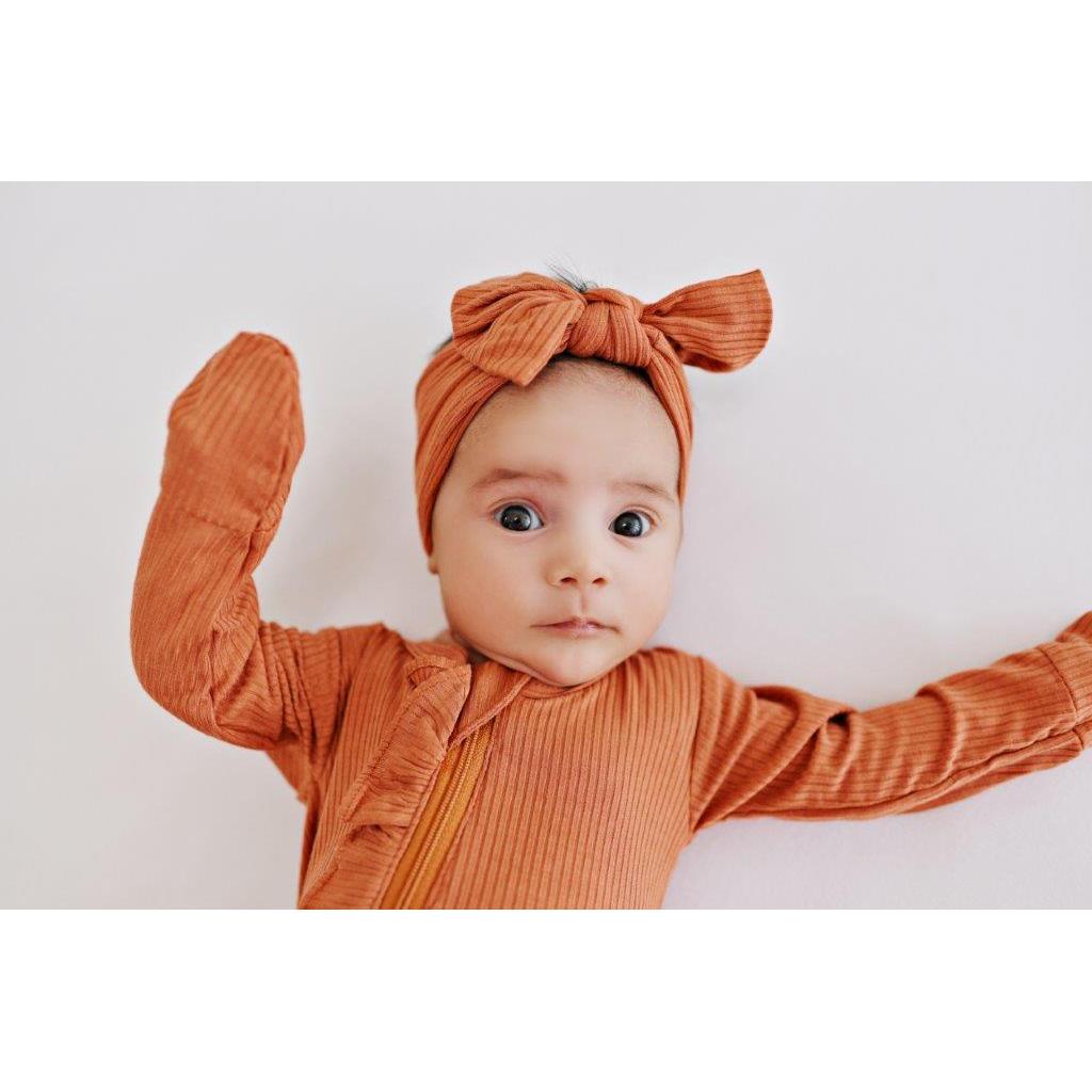 Ruffle 2 Way Zip Romper - Ribbed Rust - HoneyBug 
