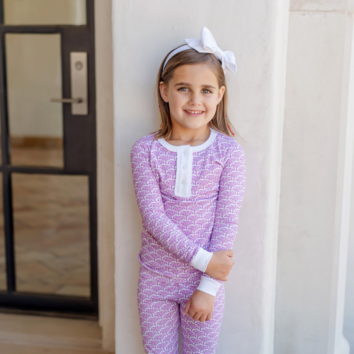 Alden Girls' Pajama Pant Set - African Elephants Pink - HoneyBug 