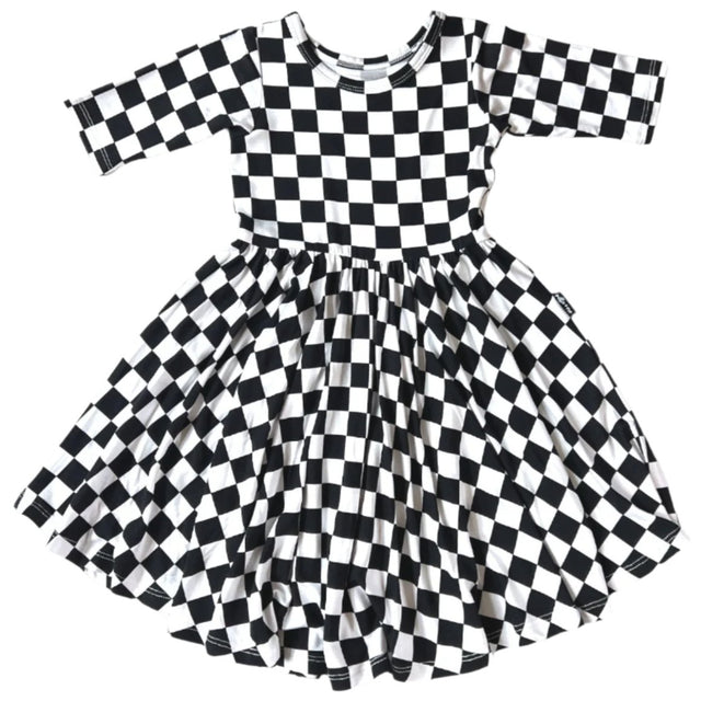 MID SLEEVE TWIRL DRESS- B+W Check - HoneyBug 