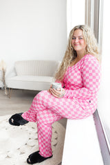 WOMEN'S PAJAMA SET- Pink Check Ribbed - HoneyBug 