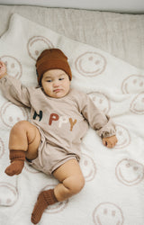 Smiley Taupe Plush Blanket - HoneyBug 