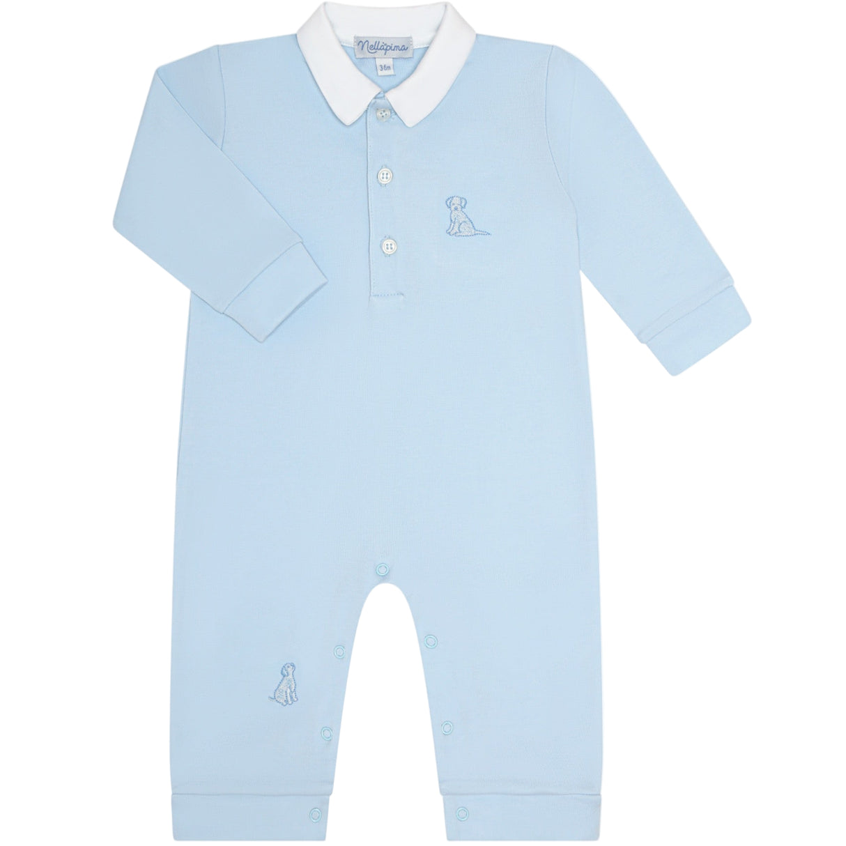 Blue Puppy Love Embroidery Romper LS - HoneyBug 
