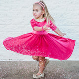 VELVET MID SLEEVE TWIRL- Pink Opal (Hot Pink) Stretch Velvet Twirl Dress - HoneyBug 