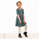 MID SLEEVE TWIRL DRESS- Slate Ribbed - HoneyBug 