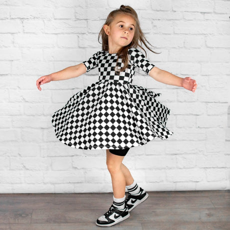 MID SLEEVE TWIRL DRESS- B+W Check - HoneyBug 