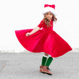 VELVET MID SLEEVE TWIRL- Ruby Red Stretch Velvet Twirl Dress - HoneyBug 