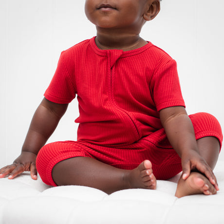 SHORTIE ZIP ROMPER - Red Ribbed - HoneyBug 