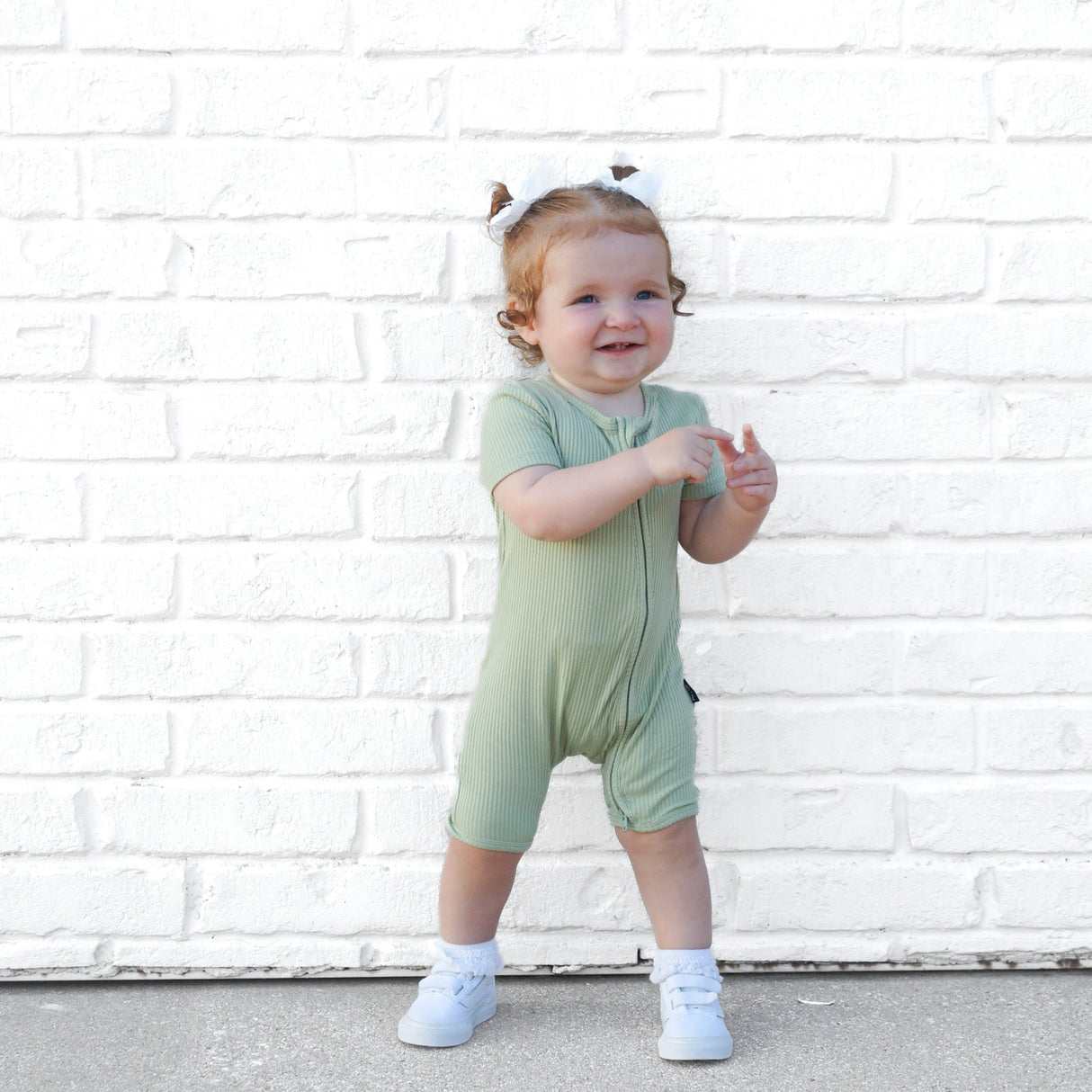 SHORTIE ZIP ROMPER - Pistachio Ribbed - HoneyBug 