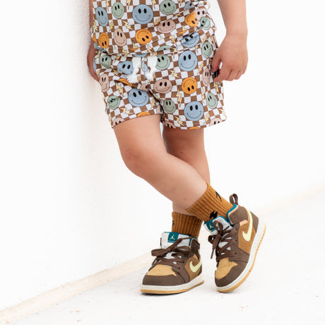 BAMBOO JOGGER SHORTS- Beige Happy Smiles - HoneyBug 