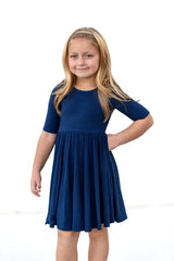 MID SLEEVE TWIRL DRESS- Navy Ribbed - HoneyBug 
