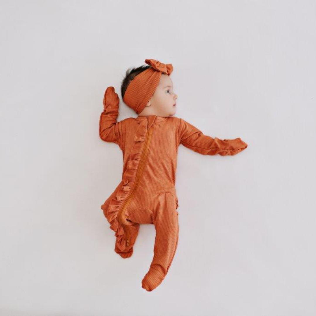 Ruffle 2 Way Zip Romper - Ribbed Rust - HoneyBug 