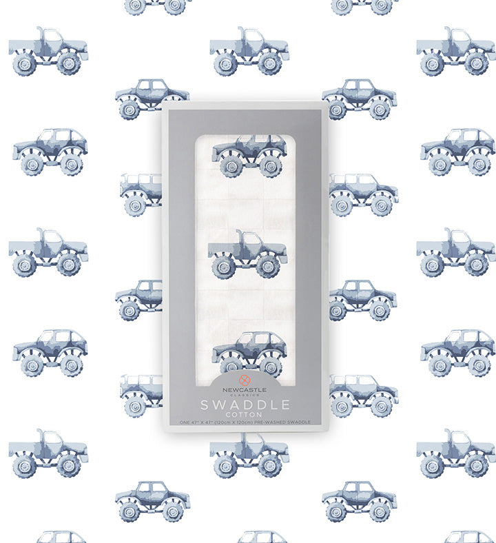 Indigo Monster Trucks Cotton Swaddle - HoneyBug 