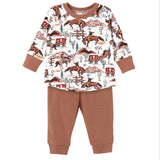 Children's pajama set with western-themed print on a white background